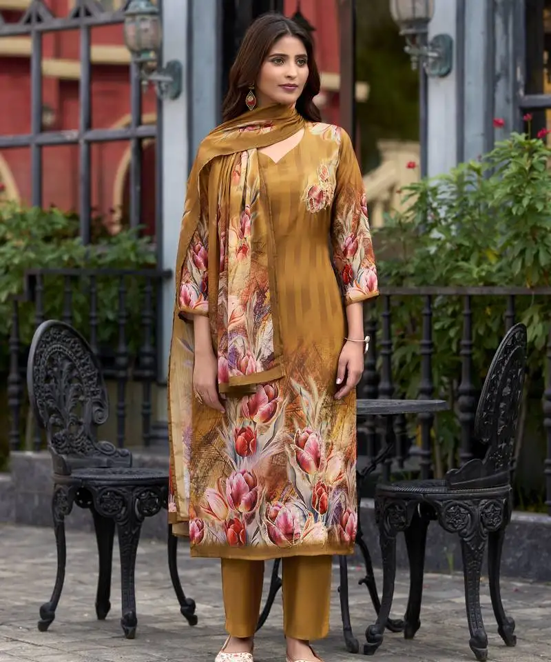 Mustard silk crepe floral printed straight kurta with comfort fitting pant & printed dupatta stitched