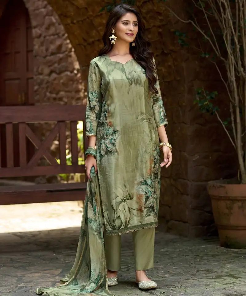 Olive green pure ho organza floral printed straight kurta with comfort fitting pant & printed dupatta stitched