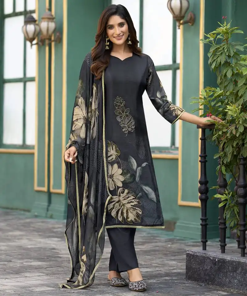 Black pure ho organza floral printed straight kurta with comfort fitting pant & printed dupatta stitched