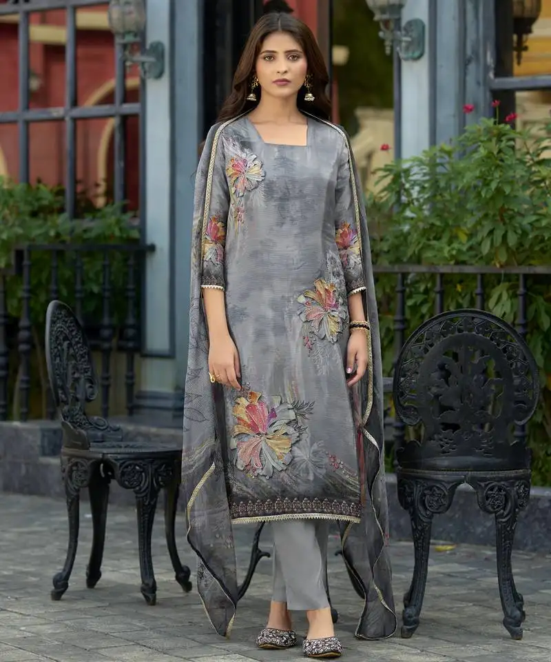 Grey pure ho organza floral printed straight kurta with comfort fitting pant & printed dupatta stitched