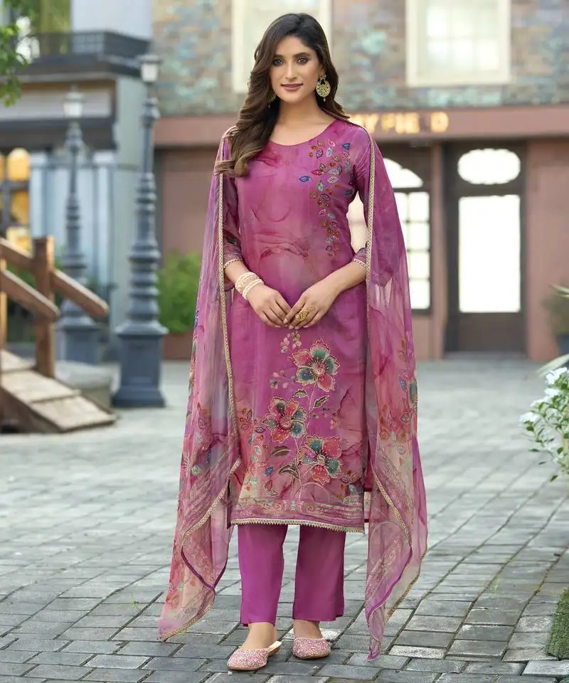 Magenta pure ho organza floral printed straight kurta with comfort fitting pant & printed dupatta stitched