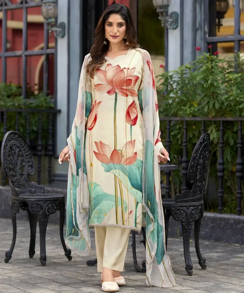 Off-white pure ho organza floral printed straight kurta with comfort fitting pant & printed dupatta stitched