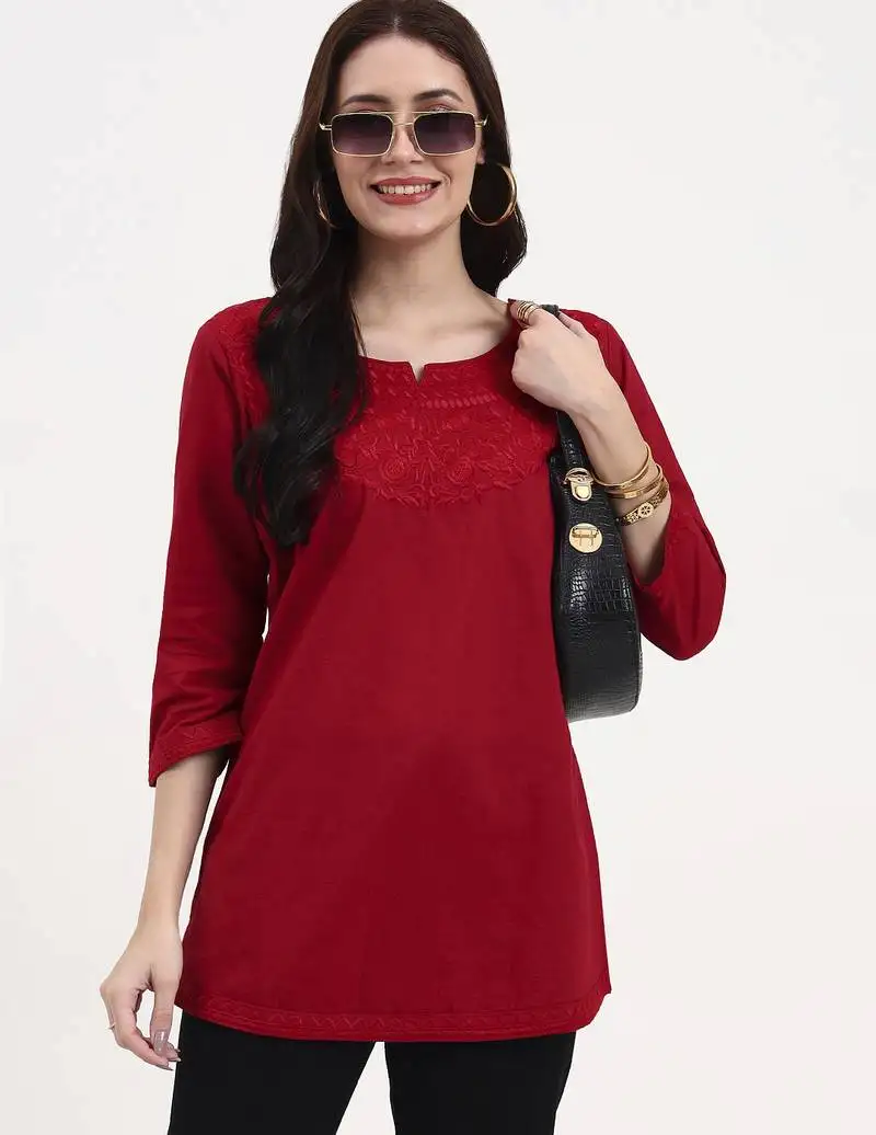 Maroon cotton straight peplum top