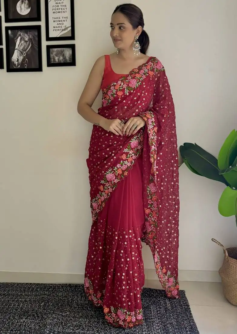 Maroon thread,sequance embroidery work georgette saree with blouse piece
