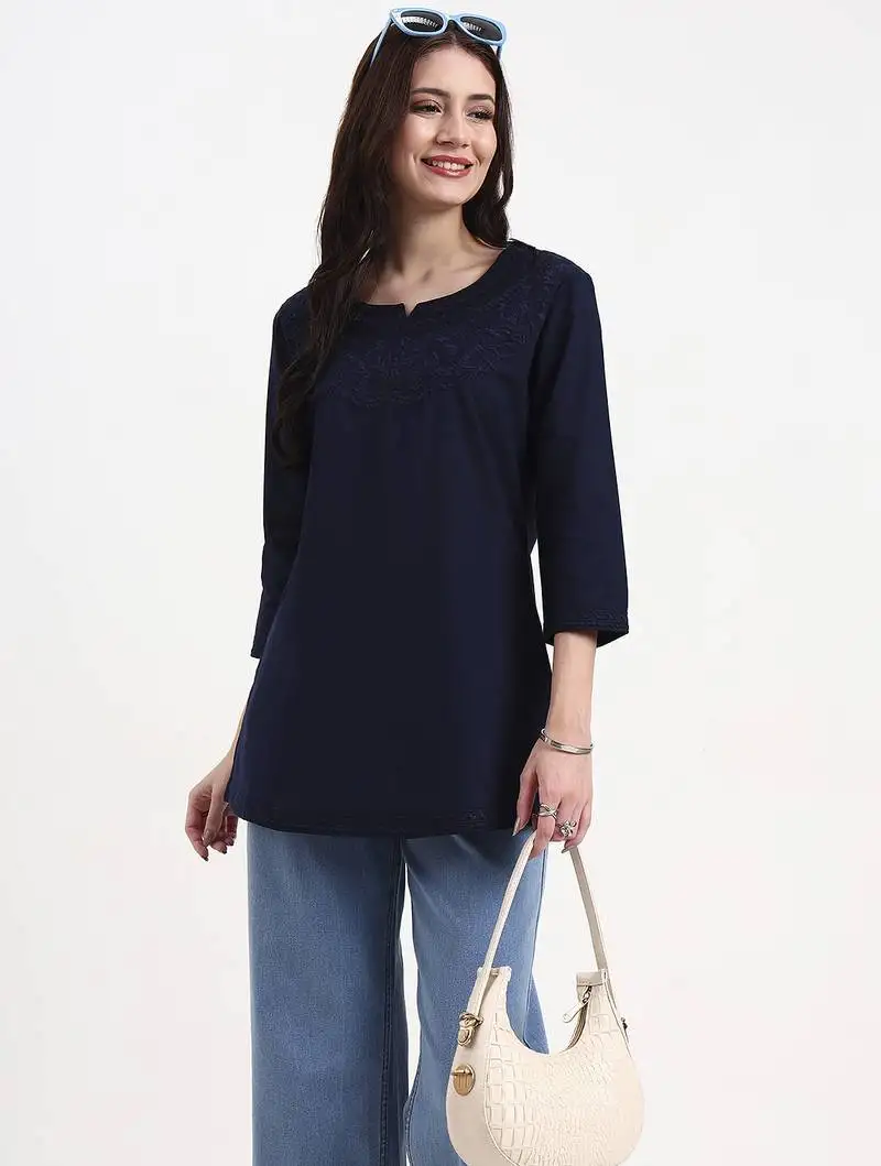 Navy blue cotton straight peplum top