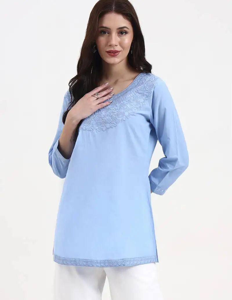 Sky blue cotton straight peplum top
