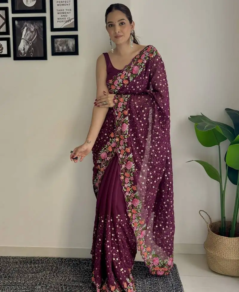 Wine thread,sequance embroidery work georgette saree with blouse piece