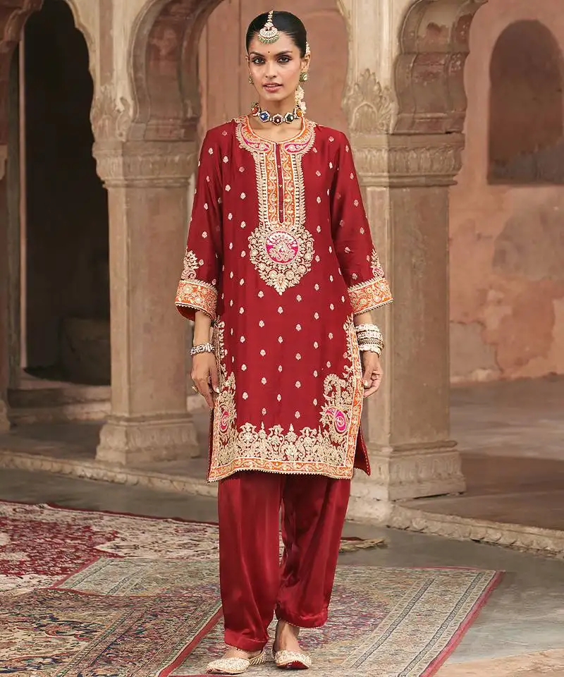 Red embroidered chanderi silk kurta set with dupatta