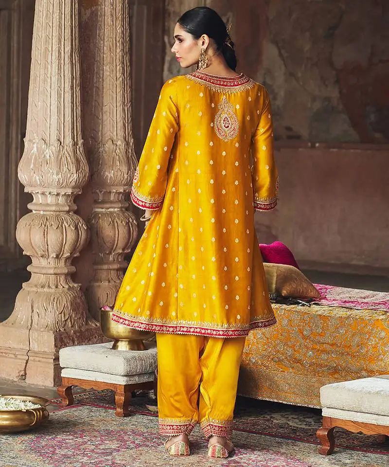 Mustard embroidered chanderi silk kurta set
