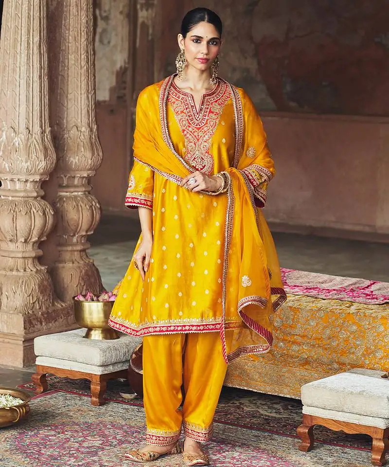 Mustard embroidered chanderi silk kurta set with dupatta