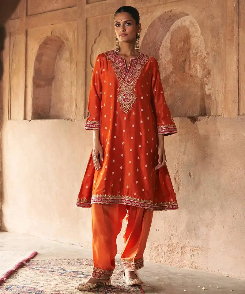 Orange embroidered chanderi silk kurta set with dupatta