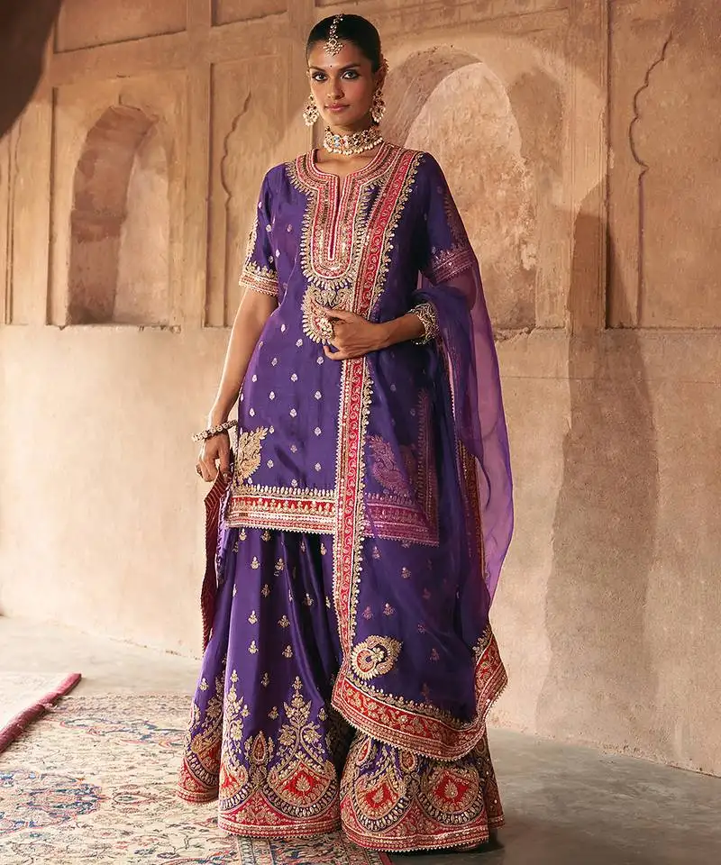Purple embroidered chanderi silk sharara set