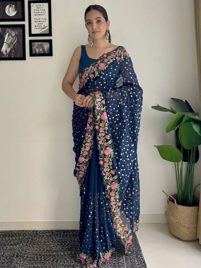 Blue thread,sequance embroidery work georgette saree with blouse piece