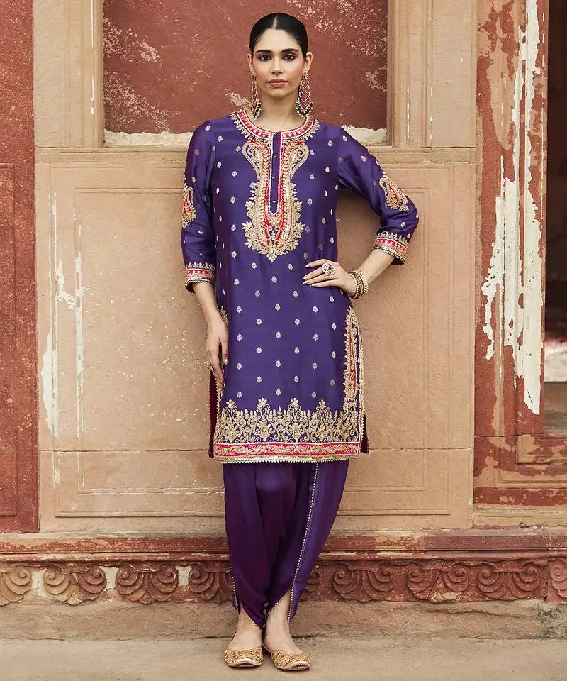 Purple embroidered chanderi silk kurta set with dupatta