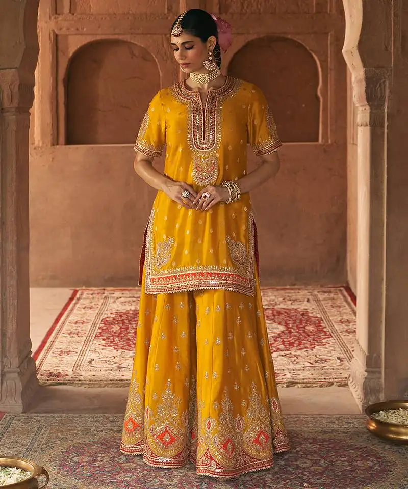 Mustard embroidered chanderi silk sharara set