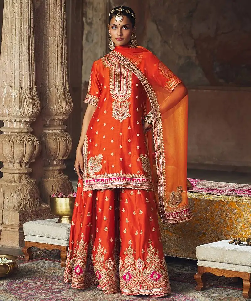 Orange embroidered chanderi silk sharara set