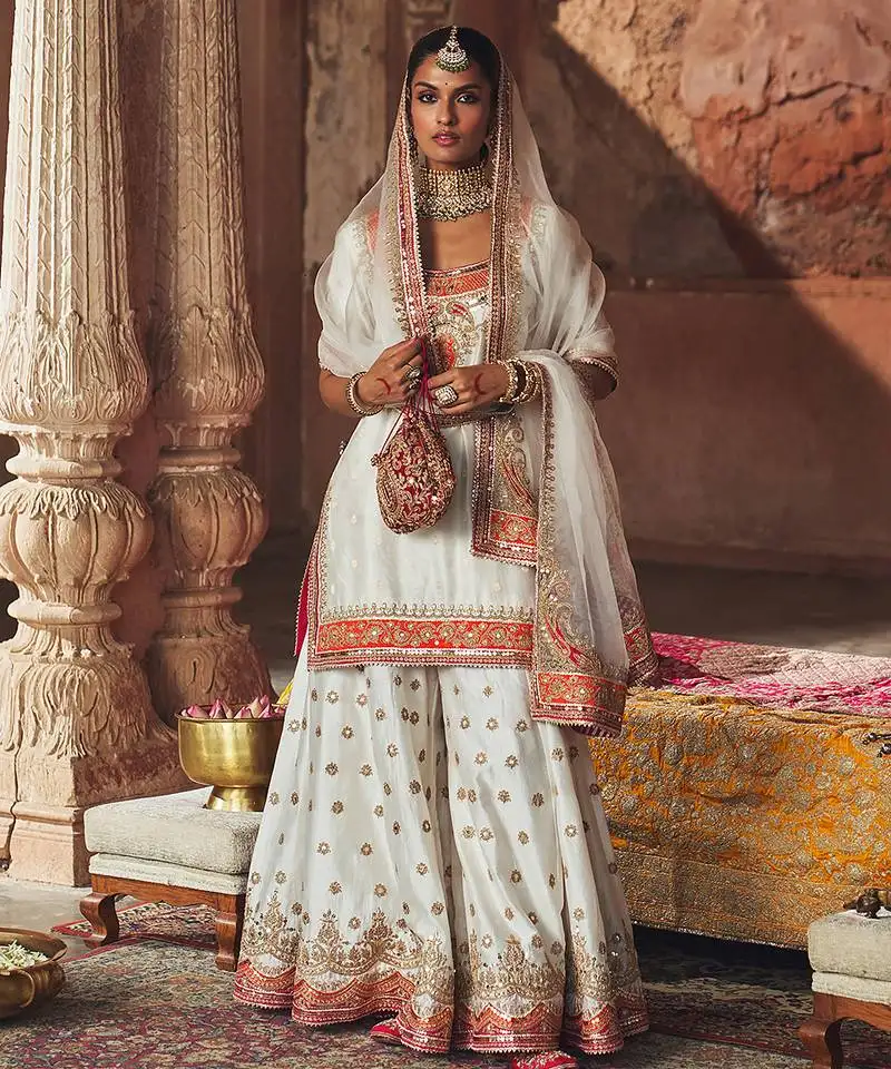Ivory embroidered chanderi silk sharara set