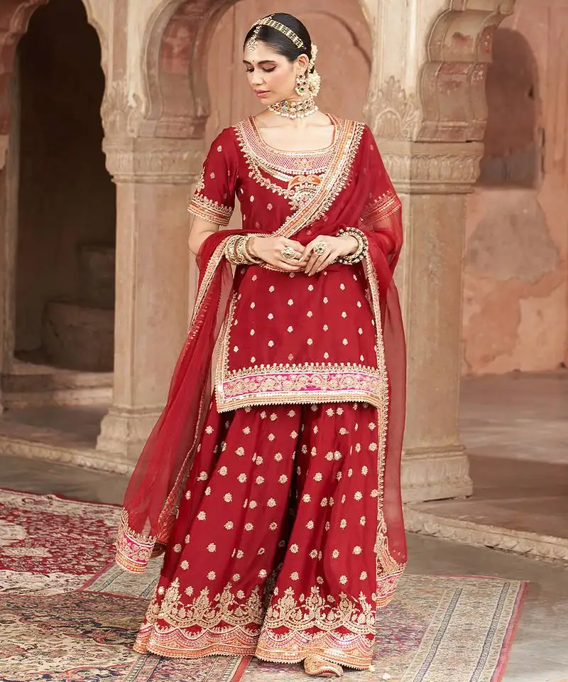 Red embroidered chanderi silk sharara set