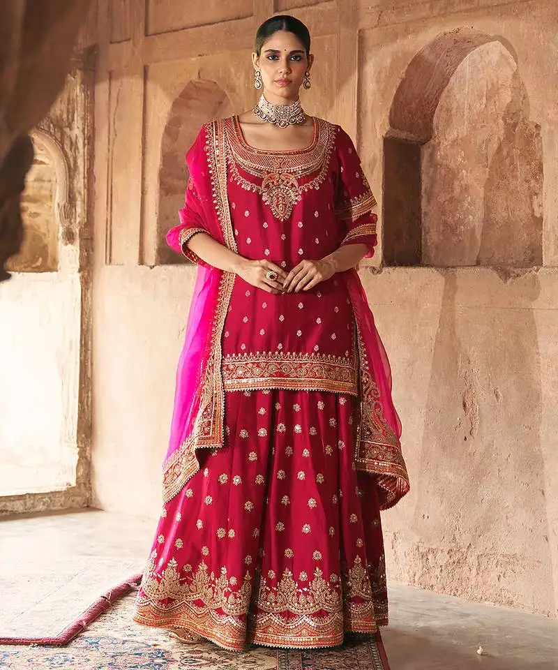 Hot pink embroidered chanderi silk sharara set