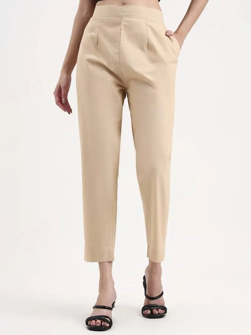 Beige woven cotton flex trousers slim fit regular pant