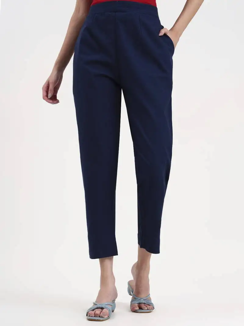 Navy blue woven cotton flex trousers slim fit regular pant