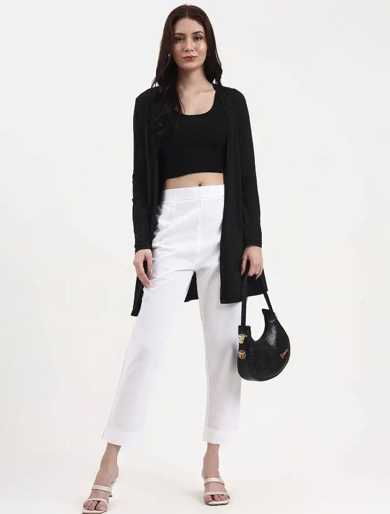 White woven cotton flex trousers slim fit regular pant