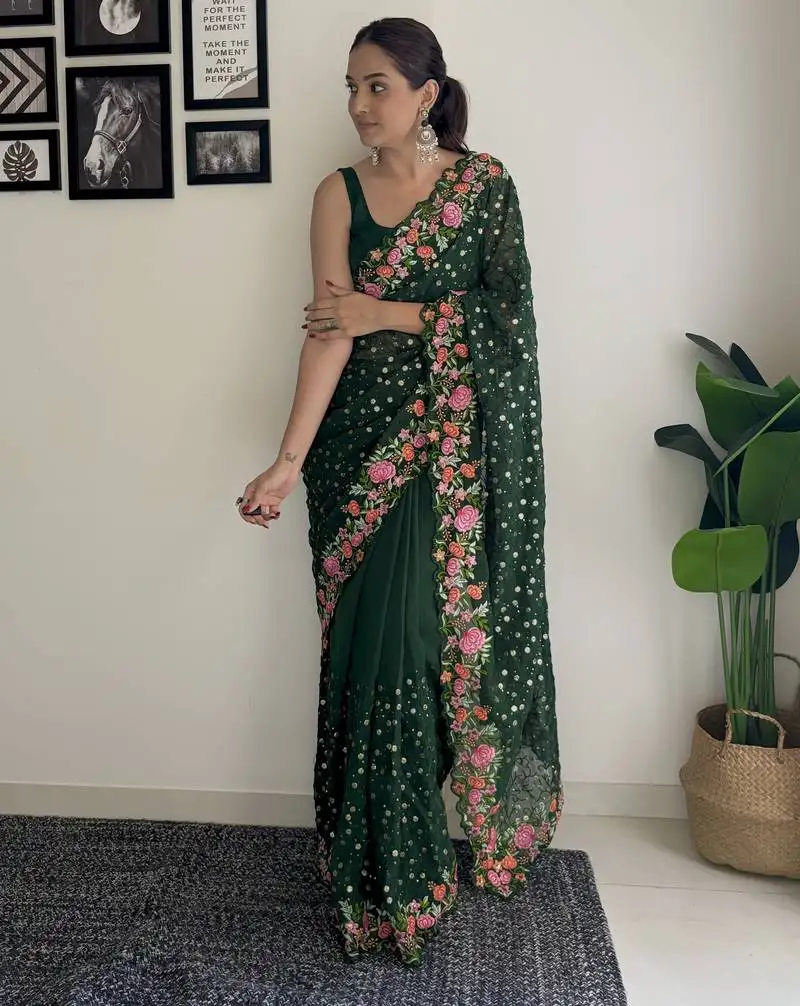 Green thread,sequance embroidery work georgette saree with blouse piece
