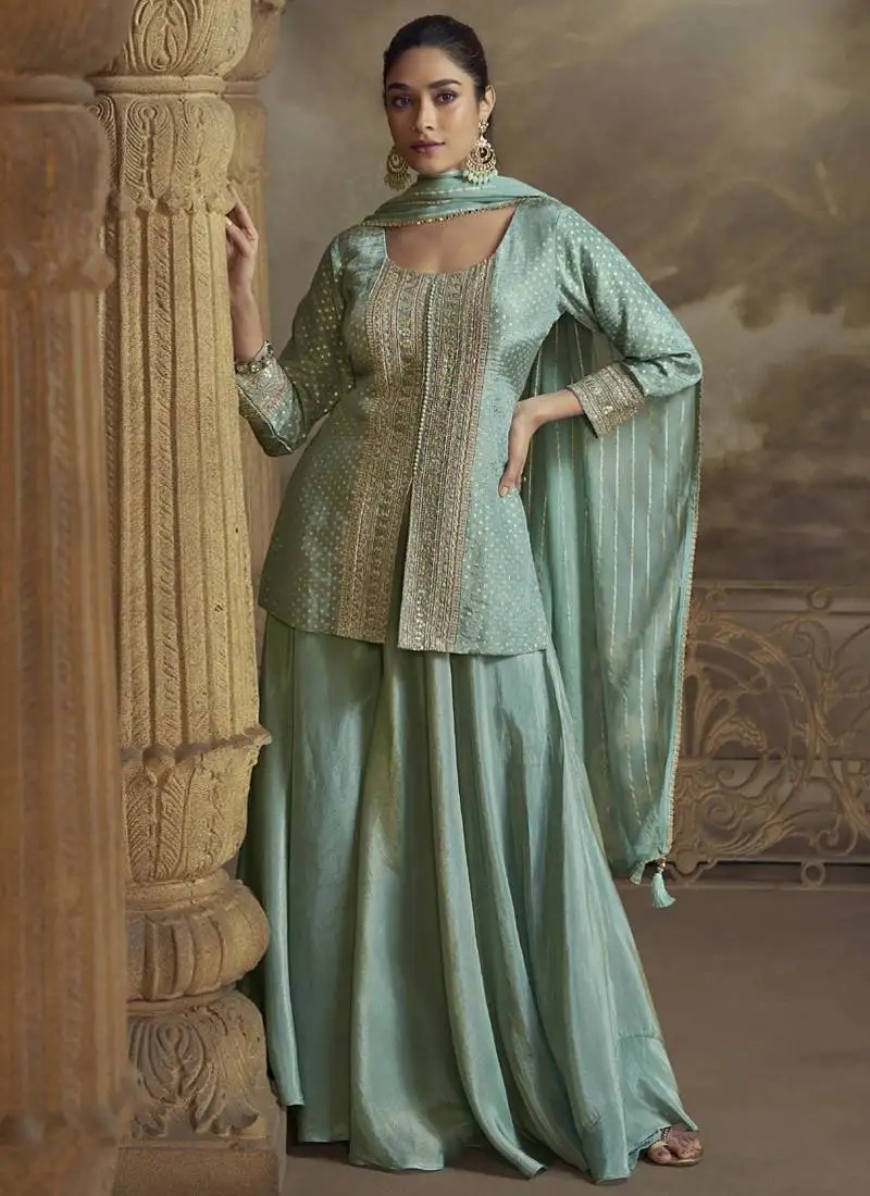 Sky blue viscose simar butti embroidered palazzo suit stitched