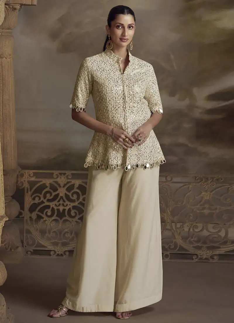 Cream georgette embroidered plazzo suit stitched