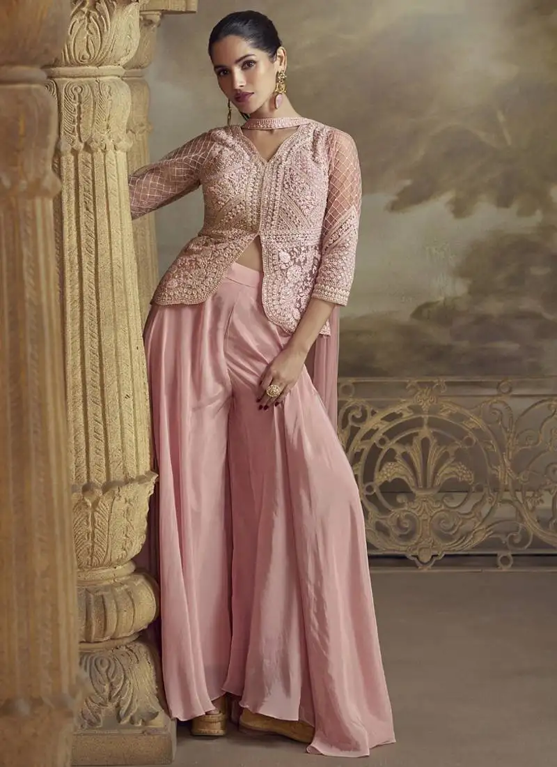 Peach net embroidered palazzo suit stitched