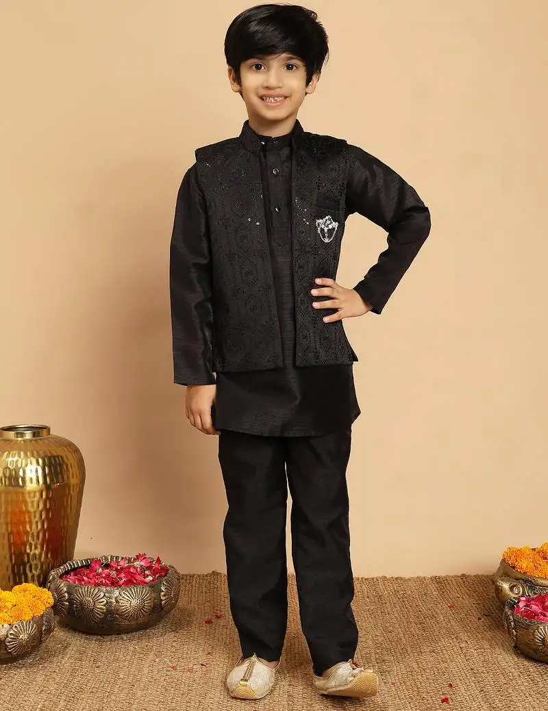 Boys cotton silk geometric sequined embroidered kurta & pyjama set with shrug- black