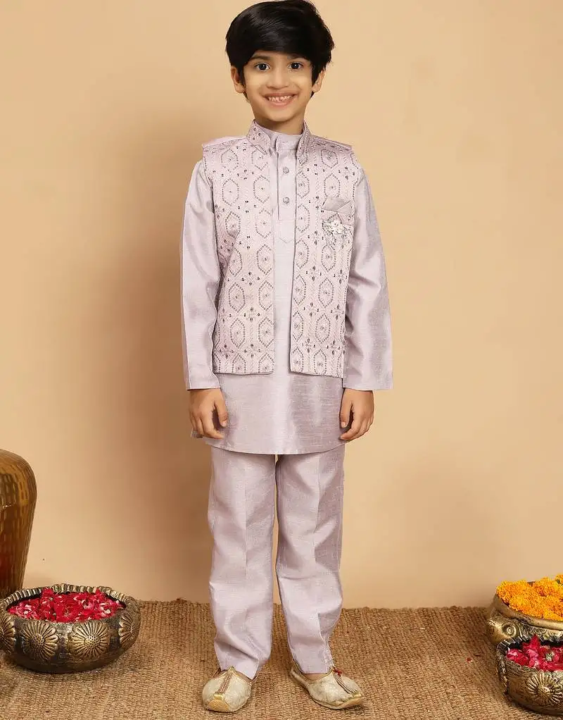 Boys cotton silk geometric sequined embroidered kurta & pyjama set with shrug- lavender