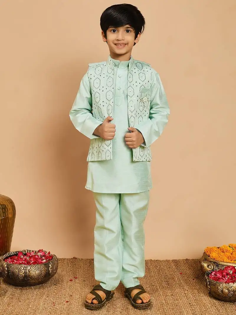 Boys cotton silk geometric sequined embroidered kurta & pyjama set with shrug- aqua blue
