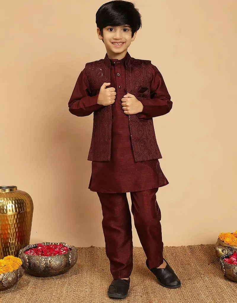 Boys cotton silk geometric sequined embroidered kurta & pyjama set with shrug- wine