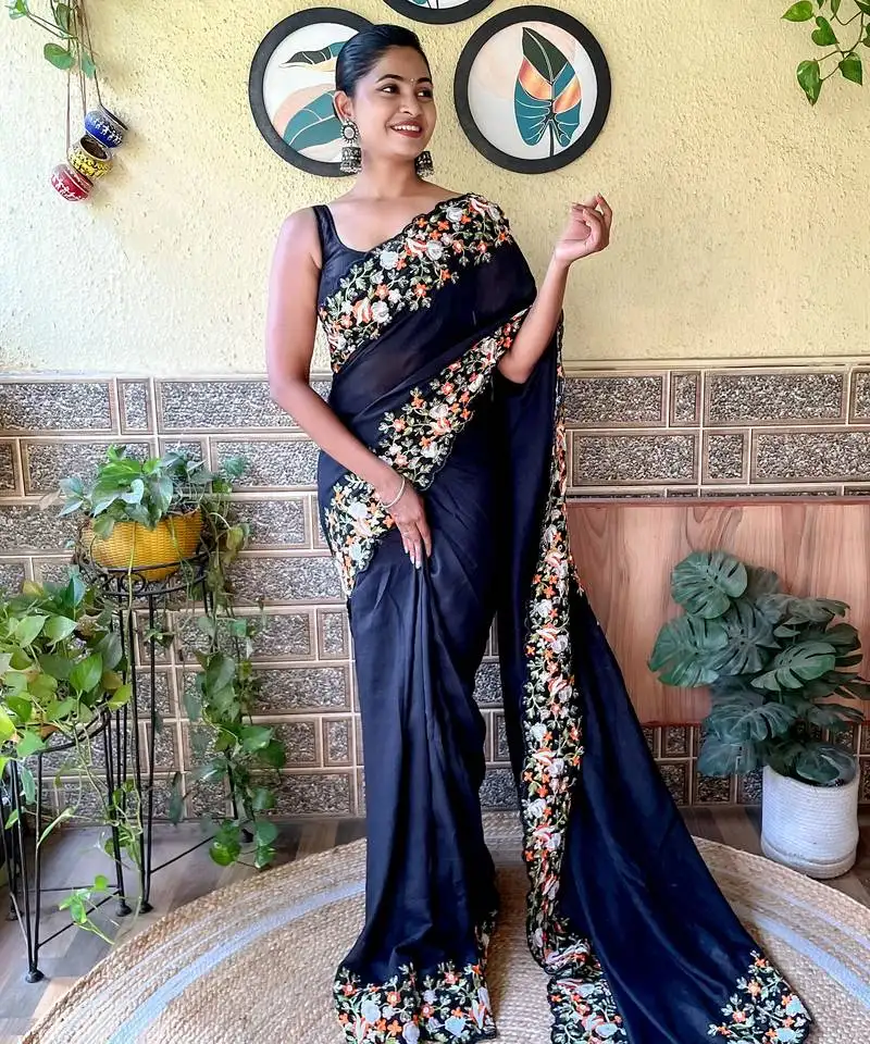 Navy blue thread,sequance embroidery cut work vichitra silk saree with blouse piece