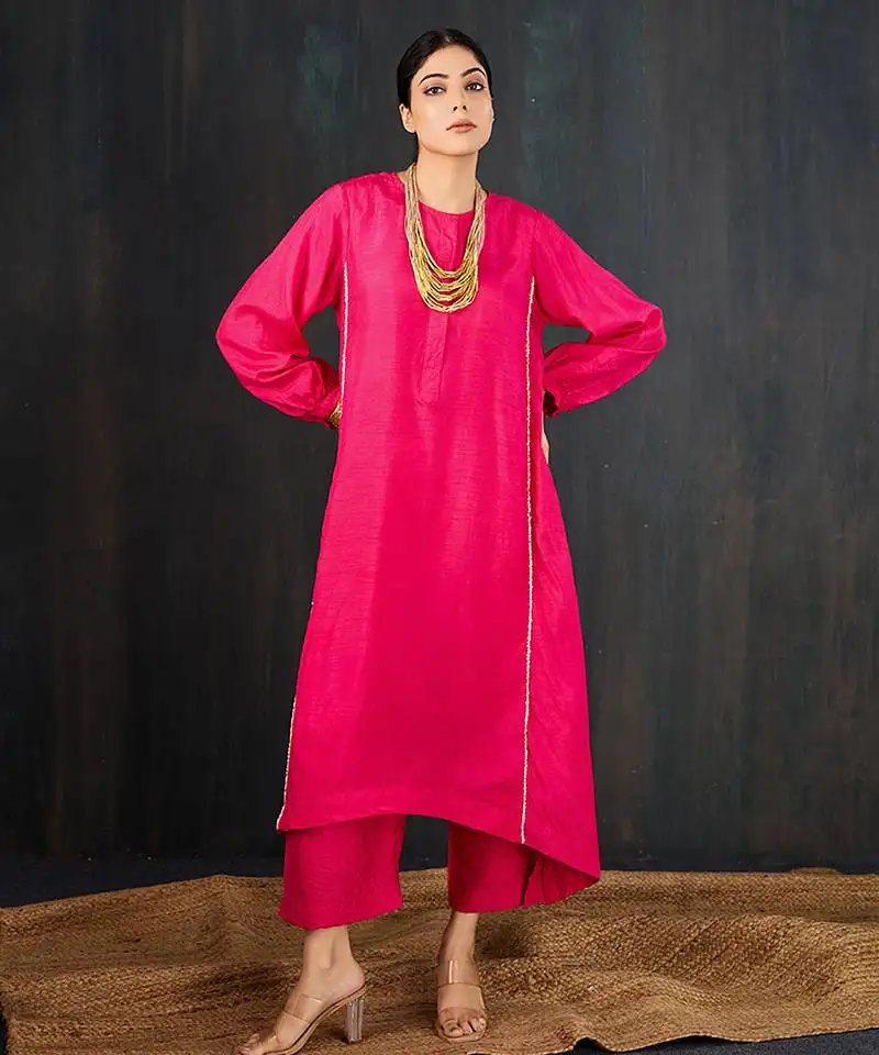 Rani pink plain dola silk kurta set