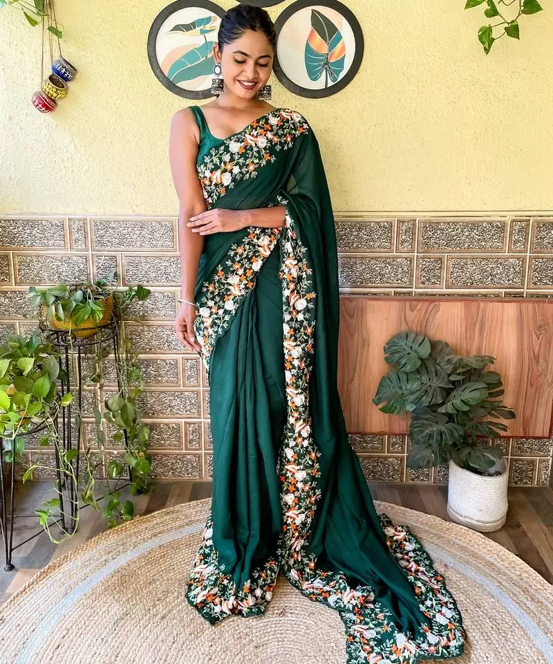 Green thread,sequance embroidery cut work vichitra silk saree with blouse piece