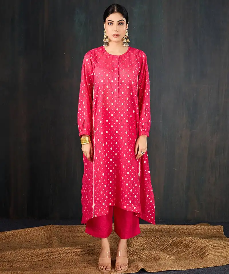 Rani pink printed chanderi kurta set