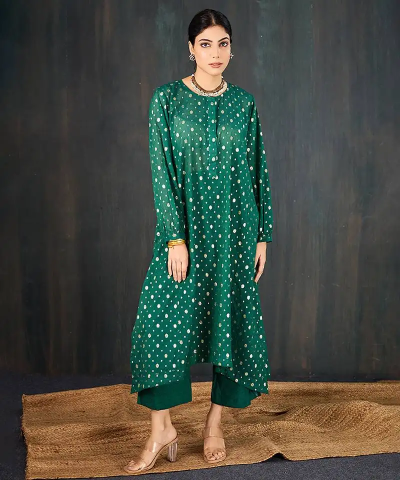 Dark green printed chanderi kurta set
