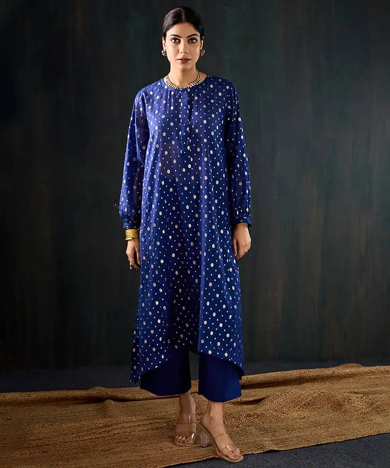 Royal blue printed chanderi kurta set