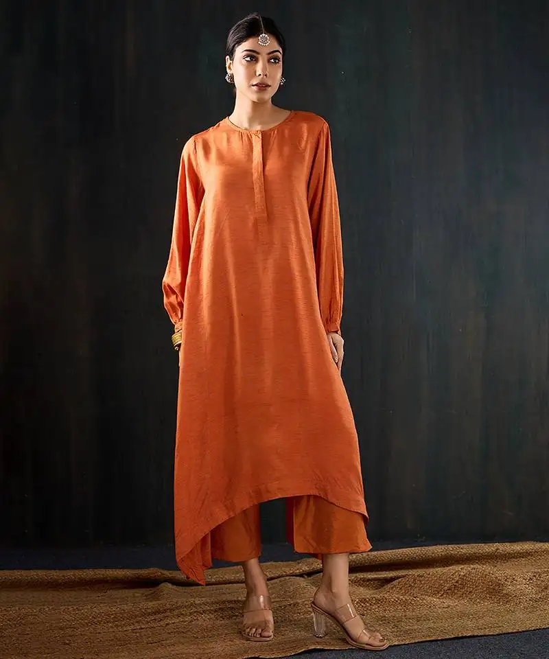 Orange plain dola silk kurta set