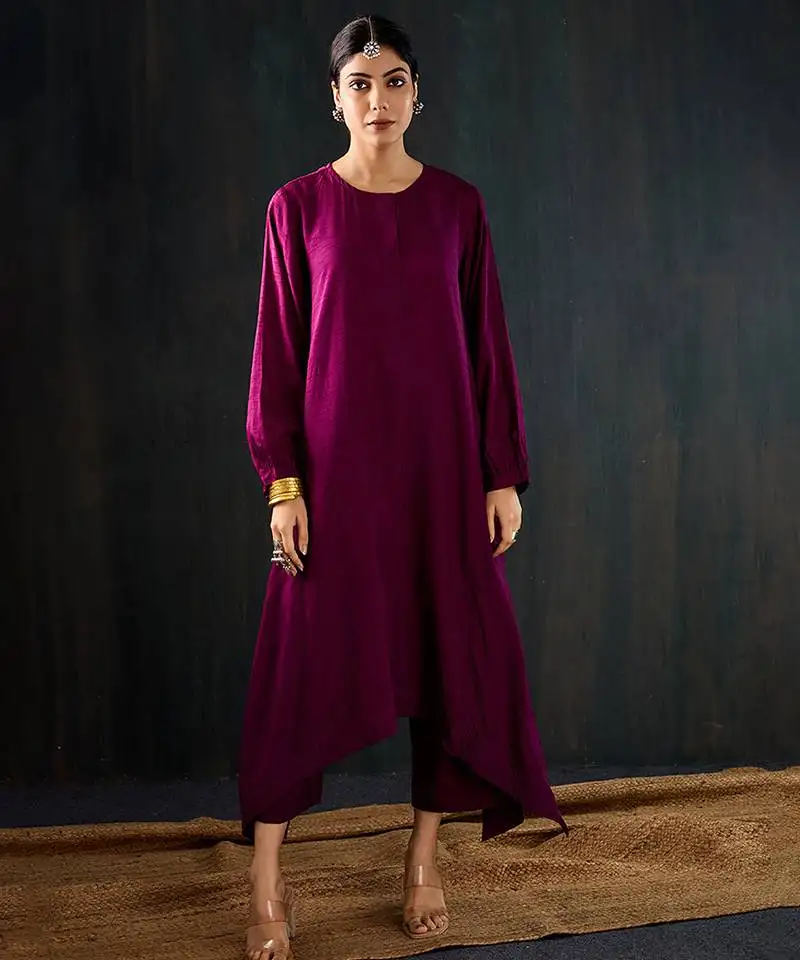 Purple plain dola silk kurta set