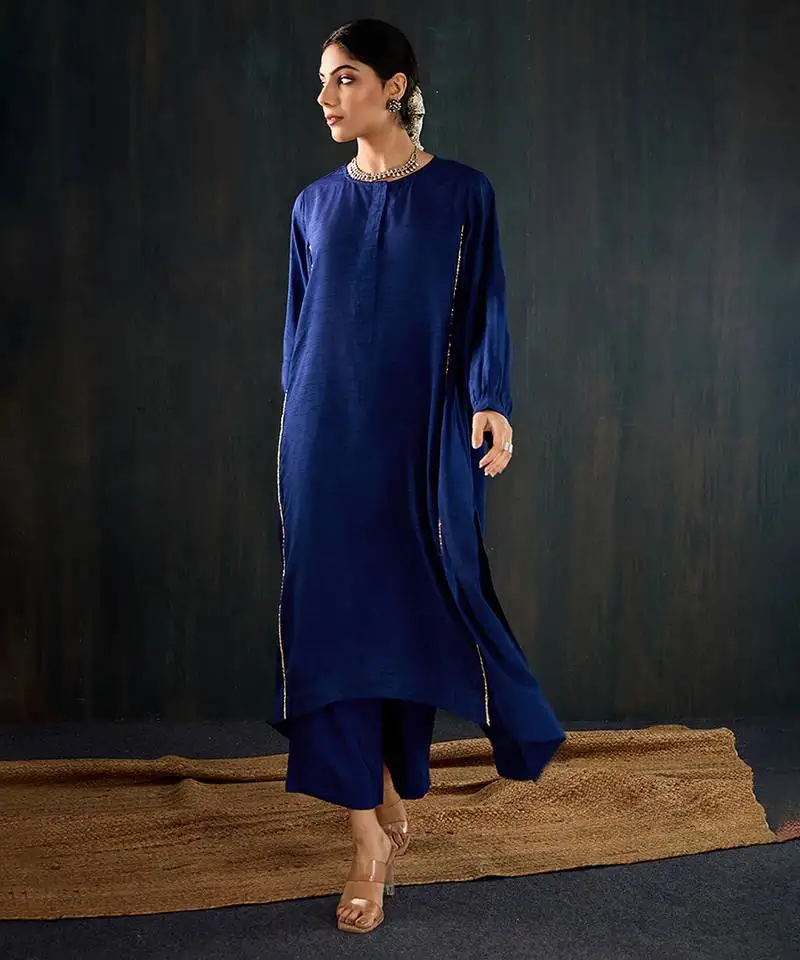 Navy blue plain dola silk kurta set