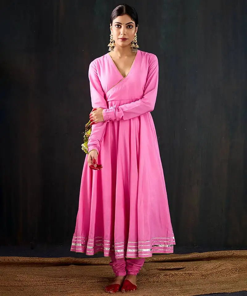 Light pink plain cotton silk anarkali