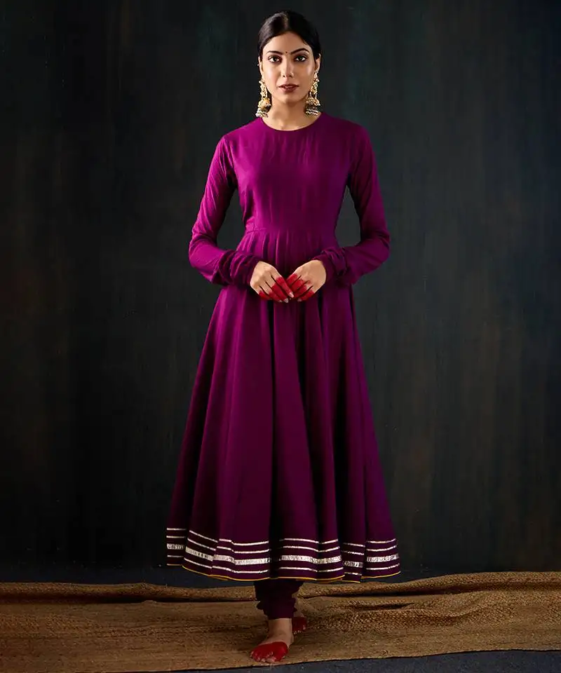 Purple plain cotton silk anarkali