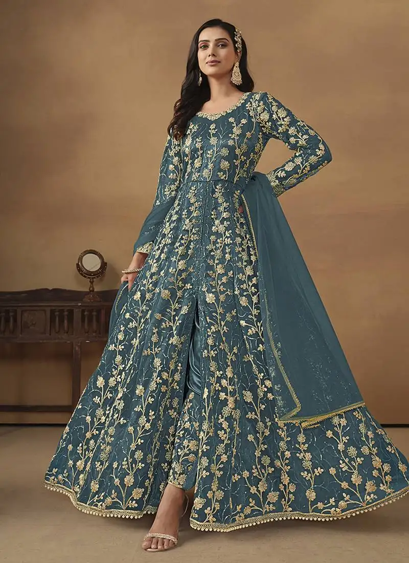 Teal blue embroidered net anarkali suit semi stitched
