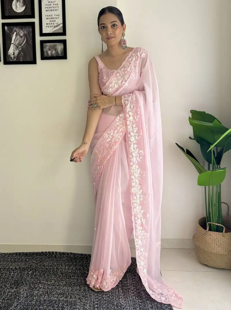 Pink c pallu sequance embroidery work georgette saree with blouse piece