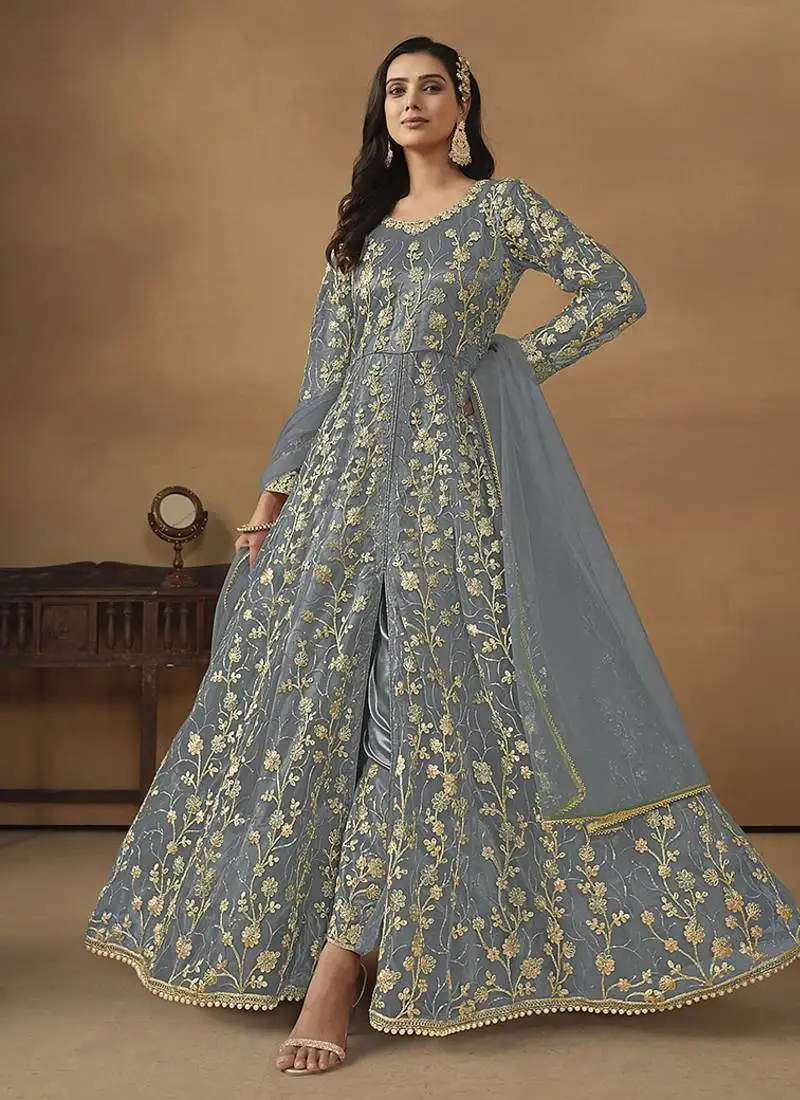Grey embroidered net anarkali suit semi stitched
