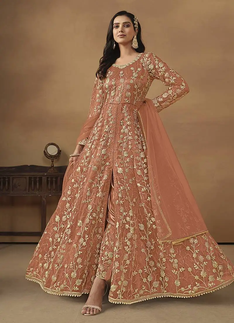 Dark peach embroidered net anarkali suit semi stitched