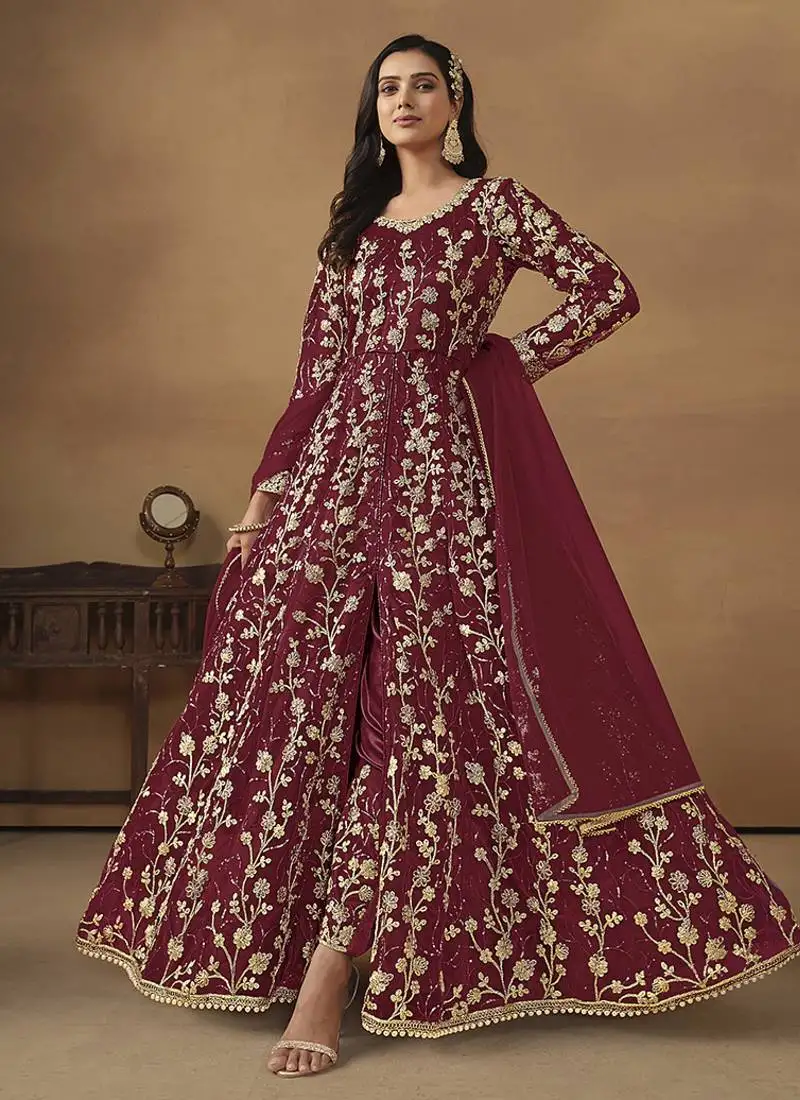 Maroon embroidered net anarkali suit semi stitched